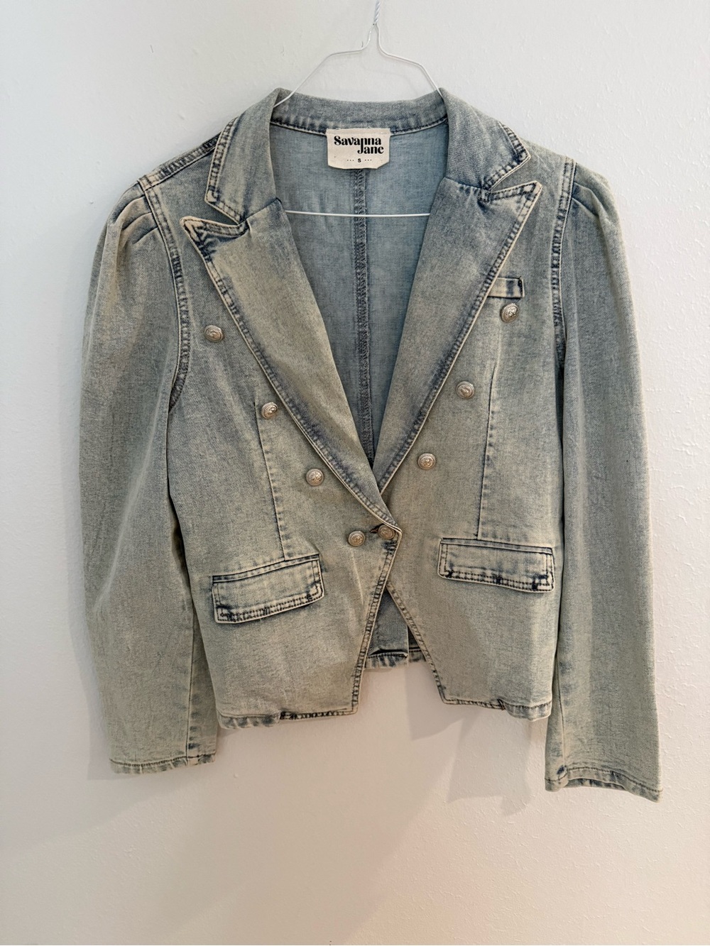 Savanna Jane Denim Blazer Jacket Puff Sleeve Silver Buttons S